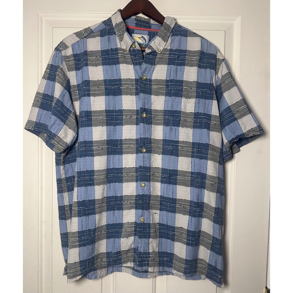 Tommy Bahama Mens XL Blue Silk Blend Cotton Plaid‎ Short Sleeve Button Up Shirt